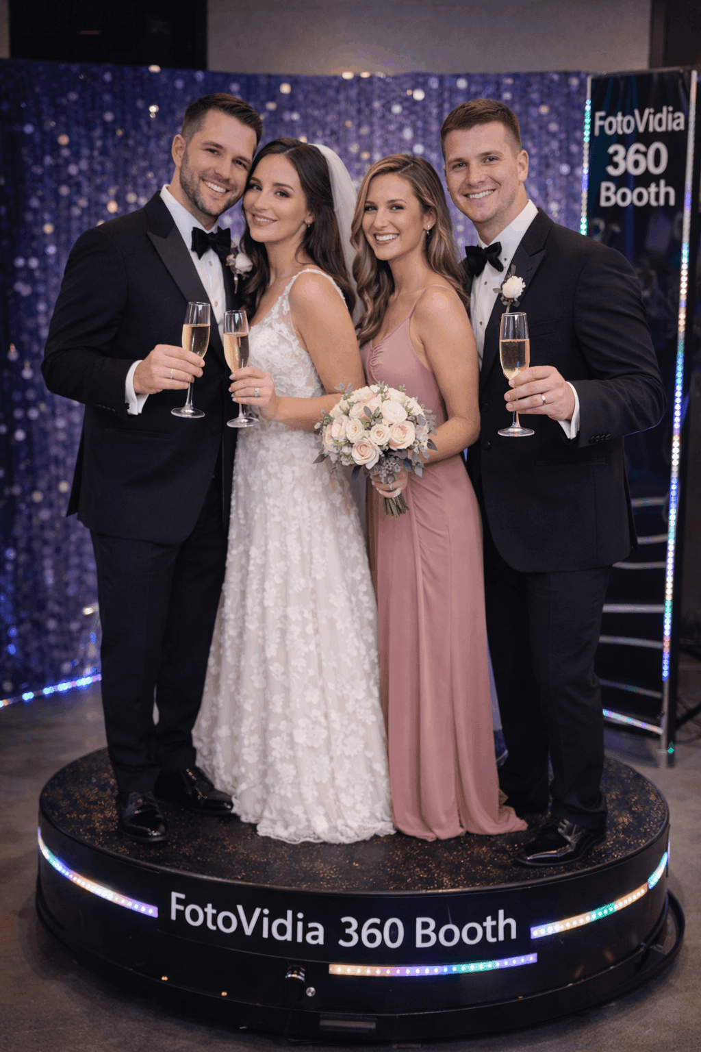 Bride, groom, and wedding party posing with champagne glasses on a 360 photo booth platform during a wedding celebration.