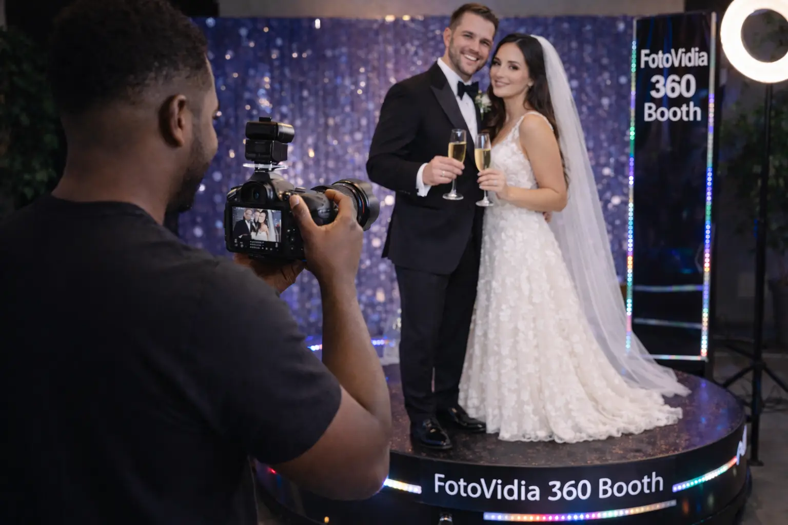 "Bride and groom posing on a 360 photo booth platform while a photographer captures their wedding celebration with a camera.